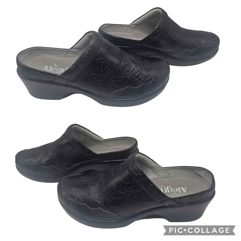 Alegria Isabelle Yeehaw Black Tooled Leather Western Style Clogs EU 39 / US 9